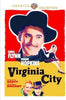 A vibrant vintage movie poster for Virginia City (1940) DVD showcases illustrated portraits of Errol Flynn, Miriam Hopkins, and two men in classic Western outfits, highlighted by bold yellow and red hues with ornate lettering—an ideal collectible for classic movie enthusiasts or anyone eager for a Civil War adventure.