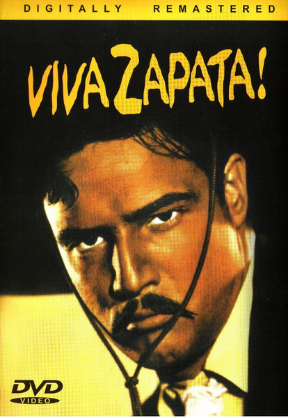 Viva Zapata DVD (1952) cover features Marlon Brando as a serious man with a mustache and a cord in his mouth, set against a yellow background with bold, stylized title text above.