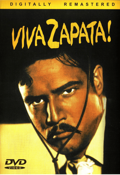 DVD cover for Viva Zapata DVD (1952), featuring Marlon Brando as a solemn, mustachioed man with a rope across his face against a dark backdrop. The bold yellow title appears above him, emphasizing this classic Emiliano Zapata film. "Digitally Remastered" is displayed at the top, making it a must-have for collectors and fans of classic movies on DVD.