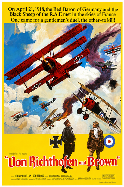 Immerse yourself in wartime history with the Von Richthoften vs Brown (1971) DVD. The movie poster features a dramatic aerial dogfight between red and brown biplanes, pilots exchanging fire, and turbulent clouds of battle. Bold red and yellow title and credits line the bottom, highlighting this classic war drama centered on von Richthofen and Brown. A must-have addition to any Red Baron movie collection!.