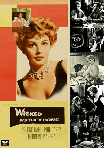 Promotional poster for Wicked As They Come DVD (1956) showcases a glamorous woman in a stylish dress, embodying the film noir allure. To the right, black and white vignettes depict gripping scenes with different characters in varied settings, highlighting key dramatic moments from the movie. Ideal for classic film collectors, this striking artwork encapsulates the intrigue of 1950s cinema. Cast names are displayed at the bottom of the poster.