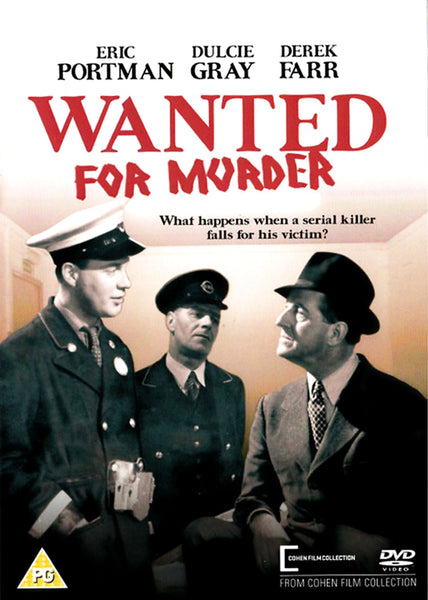 DVD cover for Wanted for Murder DVD (1946), featuring three people in police uniforms having a conversation. The title and tagline ask: What happens when a serial killer falls for his victim? Ideal for collectors of rare, hard-to-find movies, this Victorian mystery DVD adds classic suspense to your home collection.