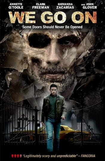 A man passes iron gates under a ghostly skull-faced figure in darkness. The DVD cover for "We Go On (2016)" features the title, actors’ names, and the tagline “Some Doors Should Never Be Opened”—a chilling afterlife thriller.