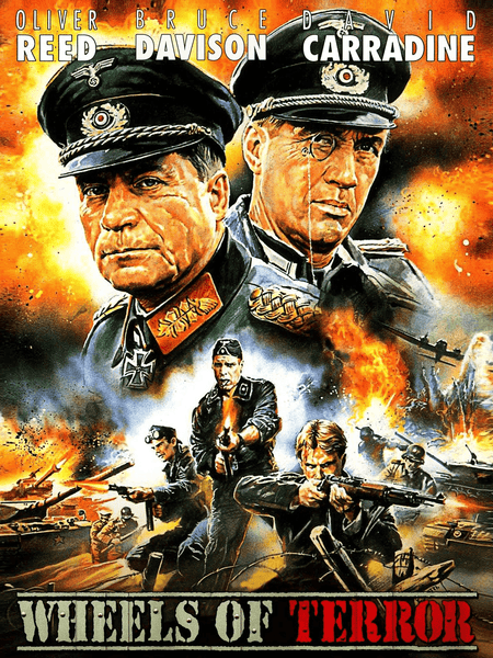 Wheels of Terror (1987) DVD features a striking movie poster showcasing intense war scenes, powerful tanks, dramatic explosions, and two stern officers in authentic German WWII uniforms. The prominently displayed actors’ names and film title make this DVD an essential addition for collectors of rare movies or anyone seeking a genuine WWII film experience.