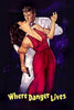 A man in a white suit grabs a woman in a red dress holding a gun as she leans back dramatically. The title “Where Danger Lives (1950) DVD” appears at the bottom, showcasing an iconic scene from this classic film available on DVD.