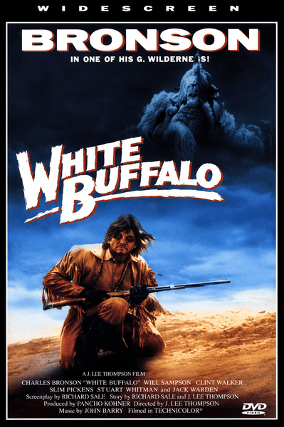 Original sentence: Movie poster for White Buffalo featuring Wild Bill Hickok with a rifle in the foreground and a large white buffalo above him in a snowy wilderness. The title is bold and white, with actors credits at the bottom—perfect for collectors of classic western DVDs or those searching for rare movies on DVD. Rewritten sentence using product data: The White Buffalo DVD (1977) features iconic movie poster artwork depicting Wild Bill Hickok armed with a rifle amidst a snowy wilderness, while a