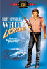Movie cover for White Lightning (1973) DVD: A man in a pink shirt with a shotgun stands before a crashed car and water. Text: Burt Reynolds White Lightning. Classic crime drama on DVD.