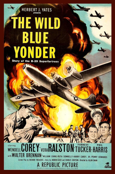 The Wild Blue Yonder (1951) DVD features a dramatic World War II movie poster with a B-29 bomber amid a huge explosion, fighter planes above, and portraits of determined pilots and crew that capture the intensity of aerial combat.