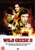 DVD cover for Wild Geese II DVD (1985), the unforgettable Spandau Prison movie, showcasing three serious characters armed with guns, dramatic fiery explosions in the background, and a bold red title. The tagline proclaims: They’re back in the most spectacular rescue mission ever filmed! A must-have for collectors of rare movies on DVD and fans of classic films on DVD.