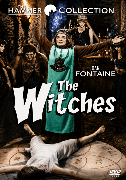 A woman in a green robe raises her arms in ritual while others in dark robes surround her, as a figure lies face-down on the floor. The Witches DVD (1966) title appears prominently, with Joan Fontaine and The Hammer Collection also featured—an atmospheric scene from this classic witchcraft horror film starring Joan Fontaine.