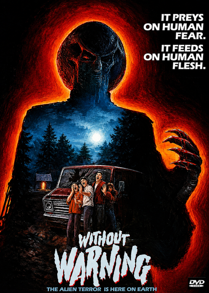 A towering alien silhouette looms over a forest at night as four terrified people by a van stare upward. Text reads: It preys on human fear. It feeds on human flesh. Without Warning DVD (1980)—the alien terror is here on Earth! A chilling addition for fans of cult horror classics and collectors seeking hard to find or rare movies on DVD.