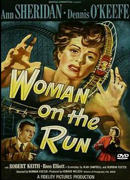 A vintage movie poster shows a distressed woman in front of a roller coaster, with a man and another woman below her. The title Woman On The Run DVD (1950) is displayed prominently in bold yellow letters—making it an ideal choice for collectors of film noir DVDs or anyone searching for rare movies on DVD.
