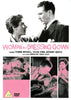 The Woman In a Dressing Gown DVD (1957) cover features a couple facing each other, with three smaller scenes—a woman ironing, a couple in bed, and a woman sitting alone—set against striking pink and black text. This classic film DVD captures the intensity of the acclaimed British drama, making it an essential addition to any collection.