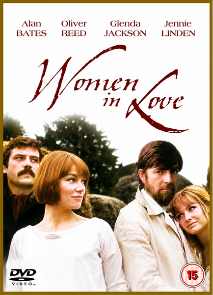 Women In Love DVD (1969), NTSC Region ALL edition, features a cover with four people outdoors wearing serious expressions, with the film’s title and actors’ names—Alan Bates, Oliver Reed, Glenda Jackson, and Jennie Linden—displayed above. Perfect for collectors of the classic Alan Bates and Oliver Reed film.