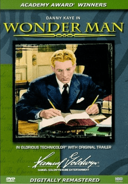 Wonder Man DVD (1945) cover features a man in a suit and glasses writing at a desk, with highlights such as Academy Award Winners, In Glorious Technicolor, and Digitally Remastered—making it an ideal choice for classic movie collectors or fans of the unforgettable Danny Kaye film.