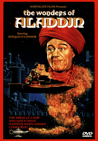The Wonders of Aladdin DVD (1961) features a captivating movie poster showcasing a man in a red turban, a magical flying carpet, a romantic couple, and an enchanting castle amidst golden sparkles and mystical imagery. Ideal for classic movie collectors or anyone searching for rare, hard-to-find DVDs, this artwork celebrates the timeless magic of wishes coming true.