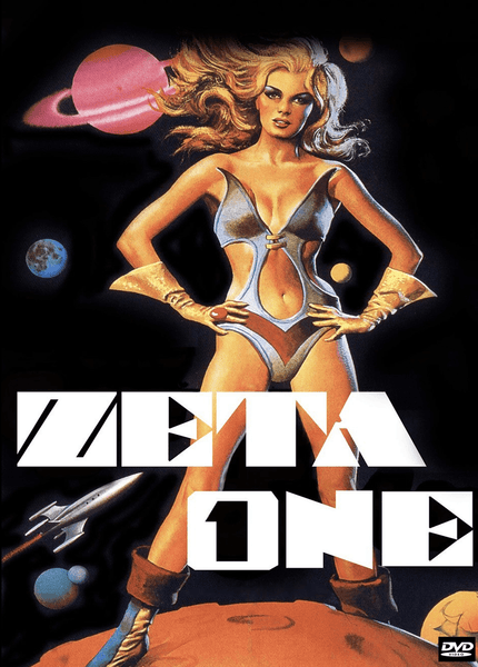 A woman dressed in a futuristic, revealing costume poses on an alien planet with outer space and planets in the background. The bold title "Zeta One" is prominently displayed, along with a DVD logo in the corner—making this Zeta One DVD (1969) a must-have addition to any collector’s library of rare movies on DVD.