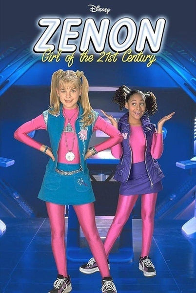 Two girls dressed in futuristic pink and blue outfits pose playfully in a high-tech environment, both smiling brightly. Above them, the text reads “Zenon: Girl of the 21st Century” alongside the Disney logo. This vibrant scene captures the energetic spirit of the Zenon Girl of the 21st Century (1999) DVD—a rare Disney Channel original movie that’s a must-have for fans of 90s nostalgia films.
