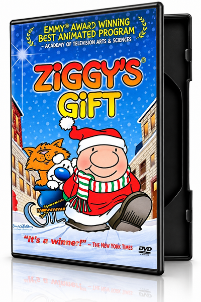 DVD case for Ziggy’s Gift (1982) featuring a cartoon character in a Santa hat and a cat on a sled in a snowy city street.