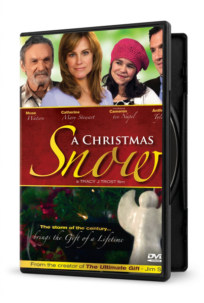 A Christmas Snow DVD case featuring a collage of four actors at the top and a small angel figurine in the foreground.
