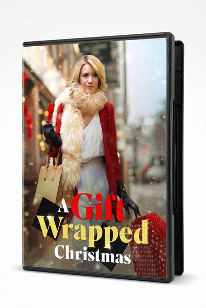 DVD cover for A Gift Wrapped Christmas (2015) showing a woman in a red coat and white scarf carrying shopping bags along a snowy city street.