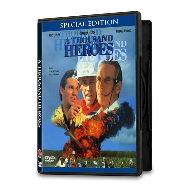 DVD case for A Thousand Heroes (1992), featuring a film poster with actors James Coburn and Charlton Heston, an explosion, and people standing in a field.