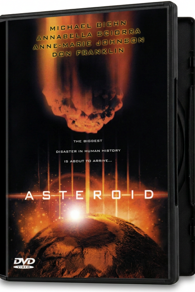 DVD case cover for the Asteroid DVD (1997) featuring a fiery asteroid descending toward Earth, starring Michael Biehn, Annabella Sciorra, Anne-Marie Johnson, and Don Franklin.