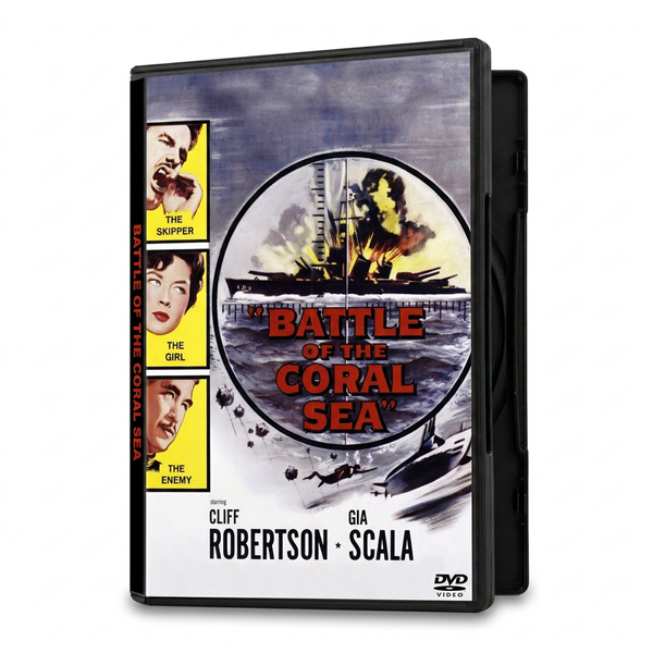 DVD case for Battle of Coral Sea (1959) DVD, featuring a warship under fire at sea, small portraits of three actors on the left, and the film title in large red letters.