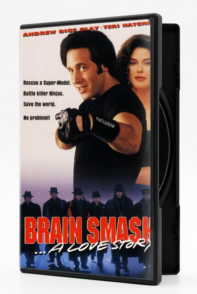 DVD case for Brain Smasher...A Love Story featuring Andrew Dice Clay and a woman in the foreground and a group of men in hats and coats in the background, with the text Rescue a Super-Model. Battle killer Ninjas. Save the world. No problem!!.
