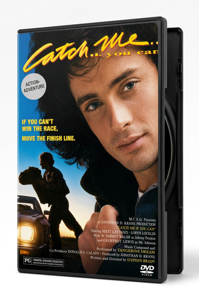 The Catch Me If You Can DVD case features a close-up of a man’s face and a silhouette of a man carrying a bag toward a car, with the tagline: If you can’t win the race, move the finish line.