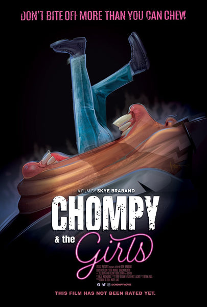 A person is being swallowed feet-first by a giant open mouth. The text above reads, “Don’t bite off more than you can chew.” Below, it says: “A film by Skye Braband – Chompy and the Girls (2021) DVD.” This is an essential item for collectors of rare movies on DVD or fans looking for vintage classic films—make sure to add Chompy and the Girls (2021) DVD to your collection today!.