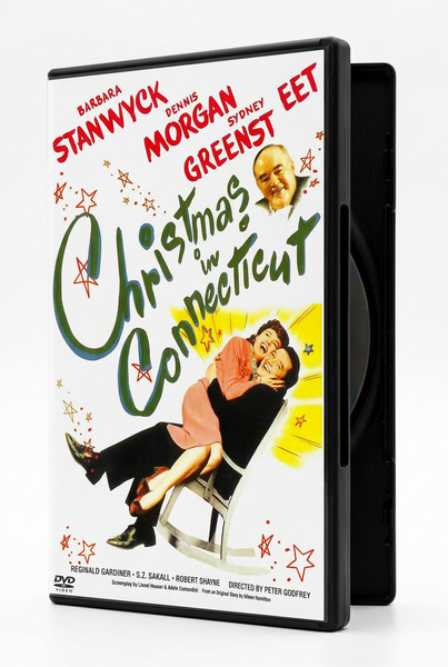 DVD case for Christmas In Connecticut (1945), featuring a woman sitting on a man’s lap in a rocking chair and a portrait of a smiling man above the title.