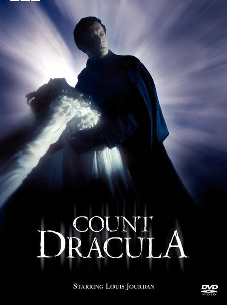 A dramatic gothic horror poster for Count Dracula (1977) DVD shows a shadowy man in a cape holding a woman in white, light radiating behind. The title and "Starring Louis Jourdan" appear—ideal for classic movie collectors.