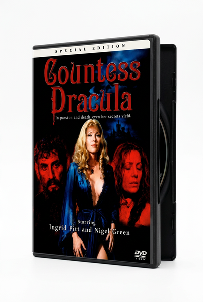 DVD case for the Countess Dracula DVD (1971), featuring a collage of three actors and a dark castle silhouette.