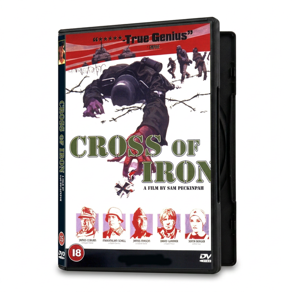 DVD case for Cross of Iron (1977), featuring a soldier reaching toward a cross in barbed wire above headshots of the main cast.