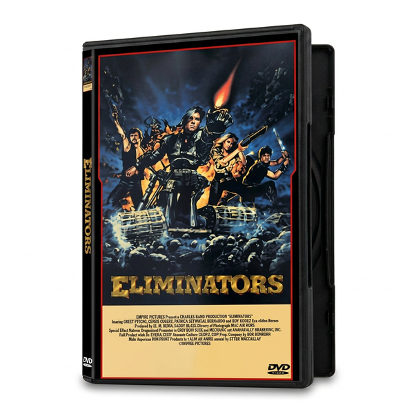 Eliminators DVD (1986) case featuring a cyborg figure with a flaming hand, accompanied by three other characters standing above a pile of skulls.