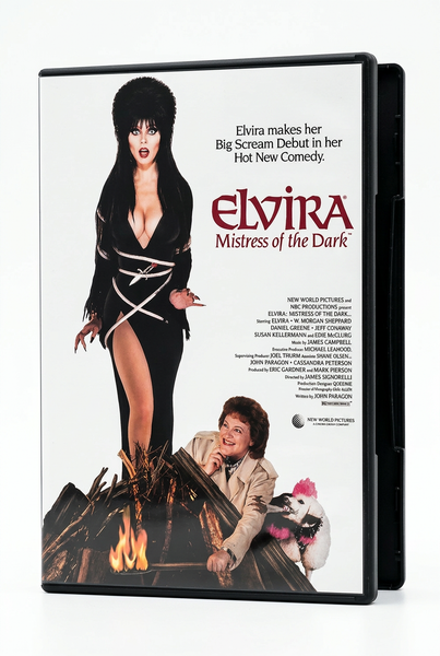 DVD case for the Elvira: Mistress of the Dark (1988) DVD, featuring Elvira standing above a woman and a small dog near a campfire.
