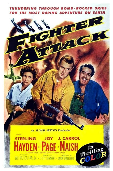 The Fighter Attack (1953) DVD features a movie poster with two armed men, a woman, explosions, and planes. Boldly titled “Fighter Attack” and “In Thrilling Color”—a must-have WWII classic for DVD collectors.