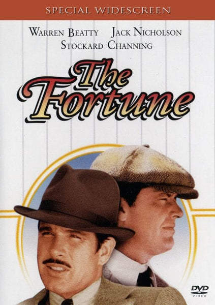 DVD cover for The Fortune DVD (1975) featuring two men in vintage hats and suits. Top text highlights stars: Warren Beatty, Jack Nicholson, Stockard Channing. The title is centered in large script—a perfect addition for collectors of rare movies on DVD and fans of classic movies on DVD.