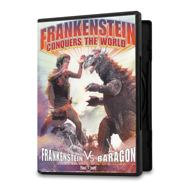 DVD case for Frankenstein Conquers the World (1965) featuring artwork of a man from the Toho universe facing off against a giant monster.