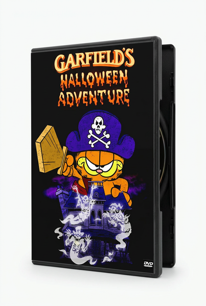The Garfield’s Halloween Adventure DVD (1985) case features an illustration of Garfield dressed as a pirate, brandishing a wooden sword above a haunted house surrounded by ghosts.