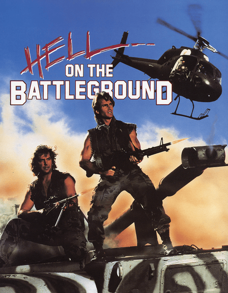 Two men in military gear with guns stand on a tank as a helicopter flies behind them, amid clouds and smoke. Red and white text announces Hell on the Battleground (1988) DVD—a Vietnam War action film for classic movie collectors.