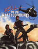 Two men in military gear with guns stand on a tank as a helicopter flies behind them, amid clouds and smoke. Red and white text announces Hell on the Battleground (1988) DVD—a Vietnam War action film for classic movie collectors.