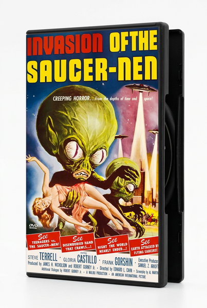 DVD case for Invasion of the Saucer Men (1957) featuring a large-headed alien holding a woman, with flying saucers in the background.