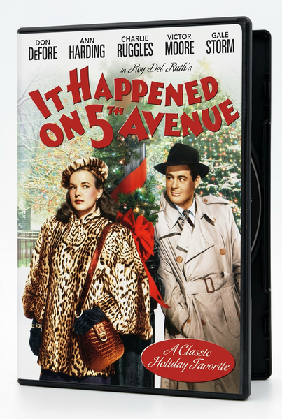 A woman in a leopard-print coat and a man in a trench coat and fedora stand in front of a decorated Christmas tree on the DVD cover for It Happened on 5th Avenue.