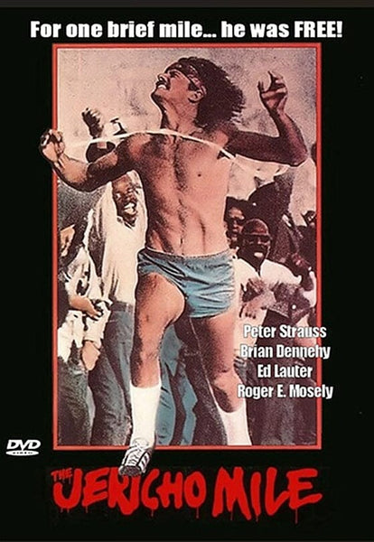 A man in athletic shorts triumphantly crosses a finish line ribbon, arms raised, surrounded by cheering crowds. Text reads, “For one brief mile... he was FREE!” along with actor names. Title: “The Jericho Mile.” The Jericho Mile DVD (1979) — a powerful prison drama classic, now available for collectors.