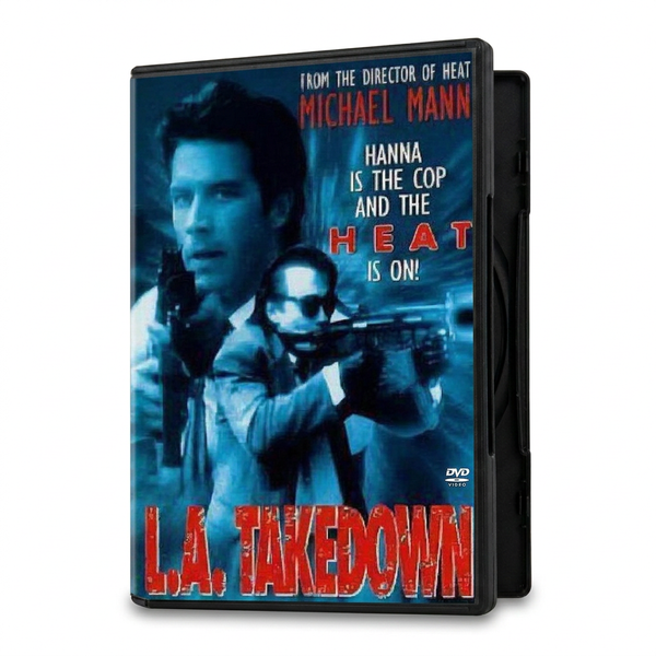 L.A. Takedown (1989) DVD case featuring master thief Neil McCauley and another man holding firearms on a blue-tinted background with the title in large red letters.