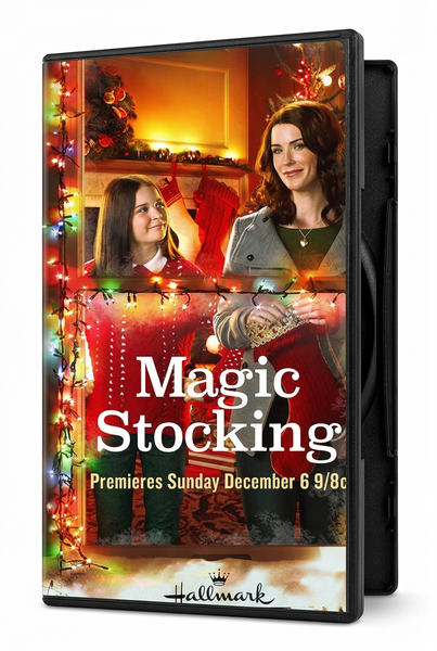 DVD case for Magic Stocking (2015) DVD, featuring a girl and a woman holding Christmas stockings in front of a fireplace with the title and premiere information printed on the cover.