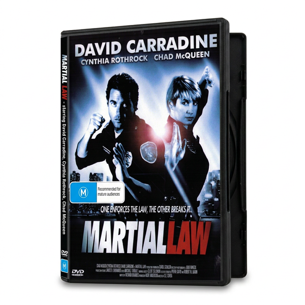 DVD case for the Martial Law (1990) film, featuring actors in police uniforms posed in fighting stances against a dark cityscape background.
