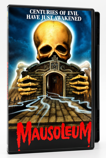 The Mausoleum DVD (1983) cover art features a large skull hovering over a stone mausoleum with skeletal hands resting on the roof, mist leading to an open door, and the text: CENTURIES OF EVIL HAVE JUST AWAKENED.